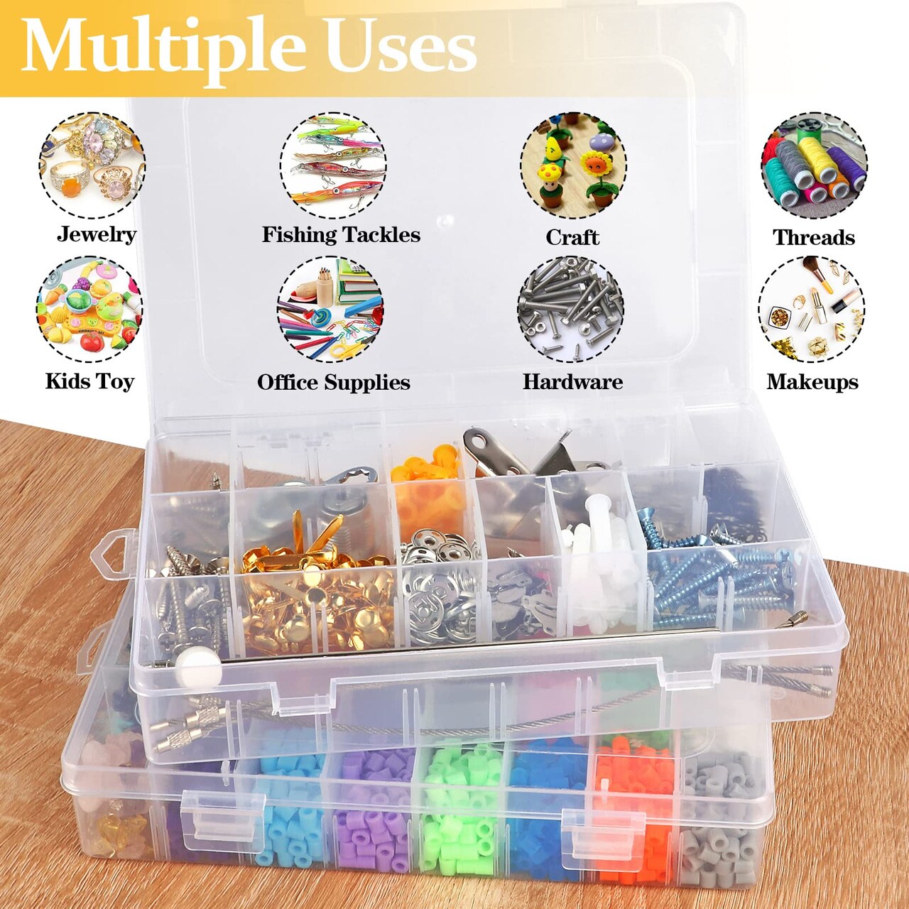 2 Pck 24 Grids Clear Plastic Organizer Box, Storage Container with Adjustable Divider, Craft and Bead Storage Organizer Box for DIY Jewelry Tackles with 2 Sheets Label Stickers